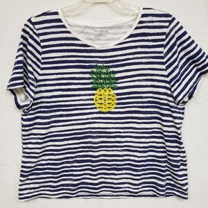Talbots Womens XL Tee Shirt Bead Embroidered Pineapple Blue White Cotton Striped
